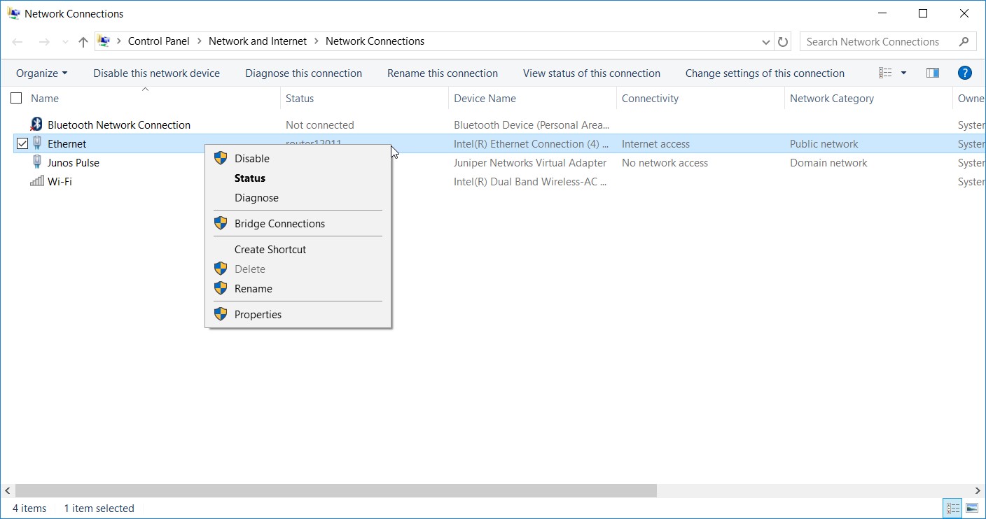 Properties control panel for the selected network adaptor