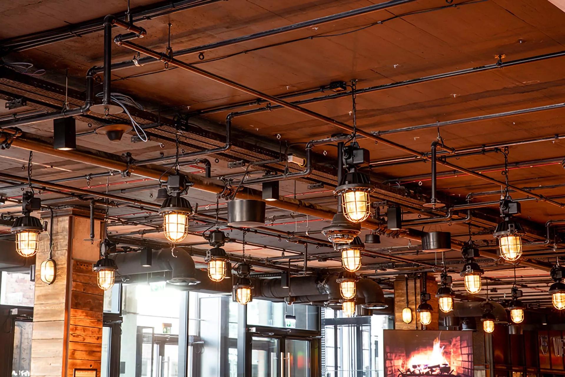 Edison lights hanging from ceiling