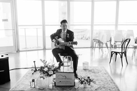 Guitarist Moses Lin performs at a wedding using his L1 Model 1S portable sound system with B2 Bass Module (visible) and T4S ToneMatch mixer.