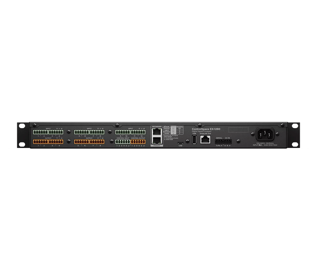 Bose Professional ControlSpace EX-1280, zadný panel s Dante a AmpLink konektormi