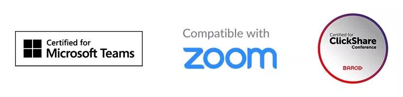 Die Logos &quot;Zertifiziert für Microsoft Teams&quot;, &quot;Kompatibel mit Zoom&quot; und &quot;Zertifiziert für ClickShare Conference&quot;.