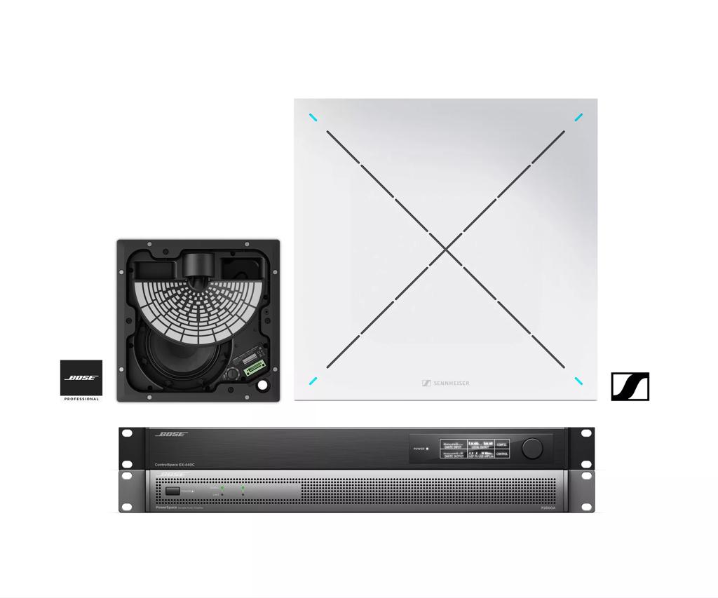 Die Kombination aus Bose Professional ControlSpace EX-440C Audiokonferenzprozessor, EdgeMax EM180 Deckeneinbau-Lautsprecher, PowerSpace P2600A Verstärker und Sennheiser TeamConnect Ceiling 2 (TCC2) Mikrofon ergibt ein zuverlässiges, UC-zertifiziertes System für moderne Konferenzräume.