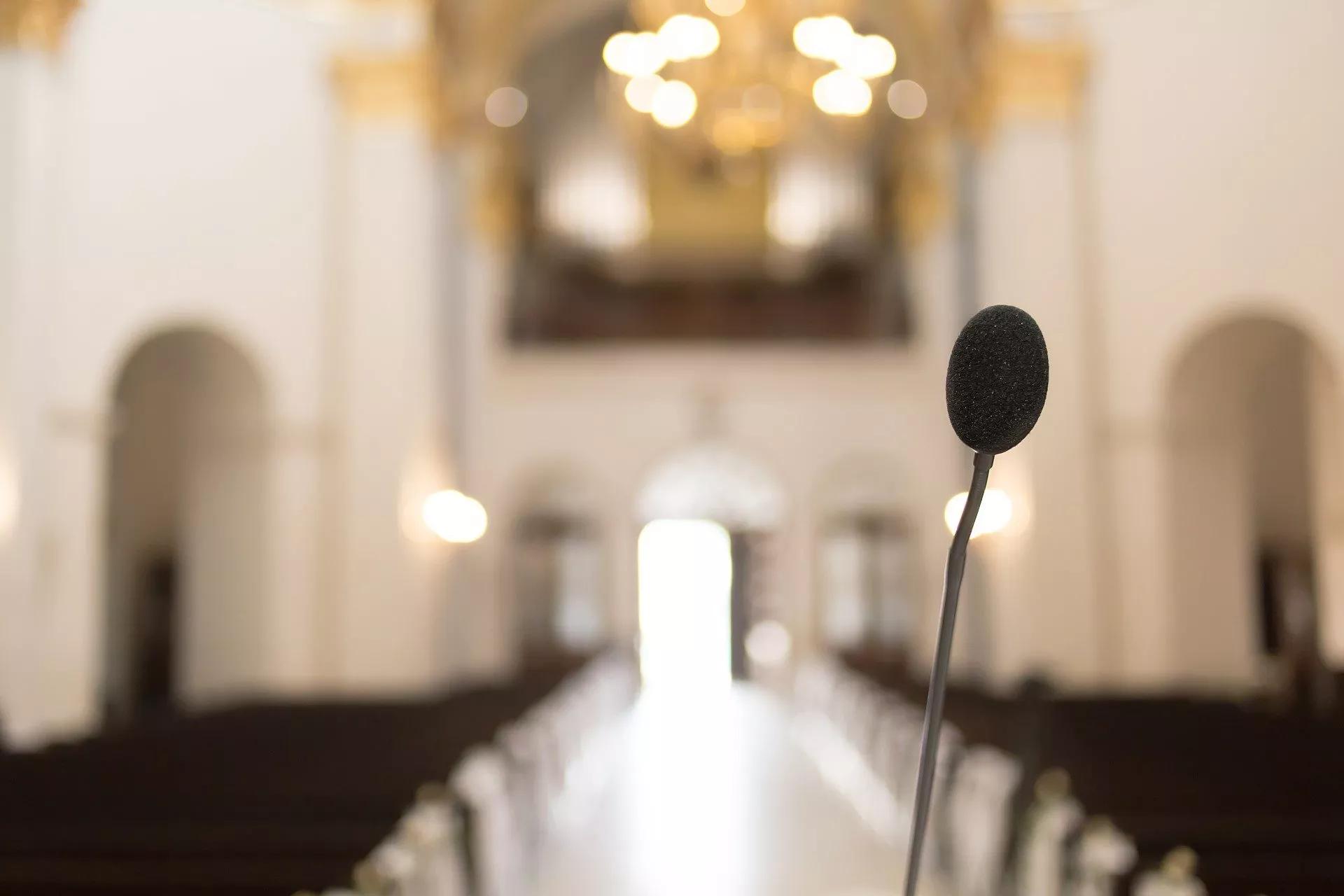 A microphone inside of a church