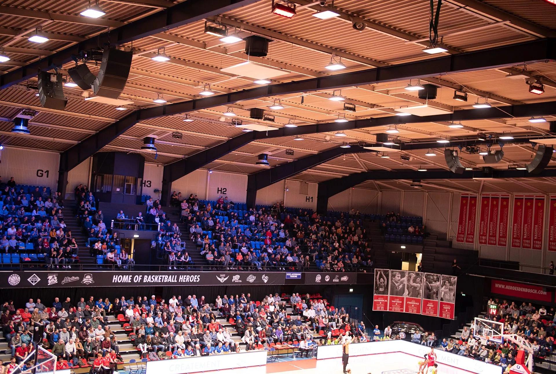 Bose Professional ArenaMatch loudspeakers at the top of the bleachers