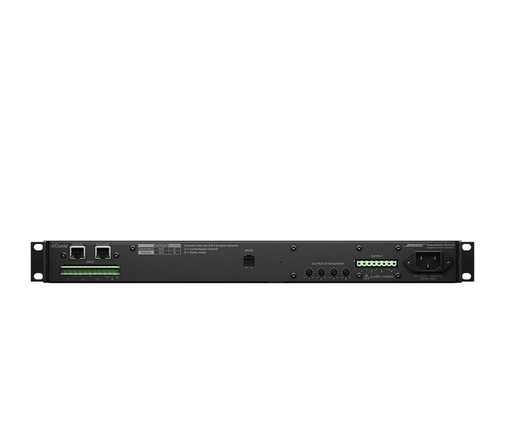 Bose Professional PowerShare PS404D, zadný panel s Dante konektormi