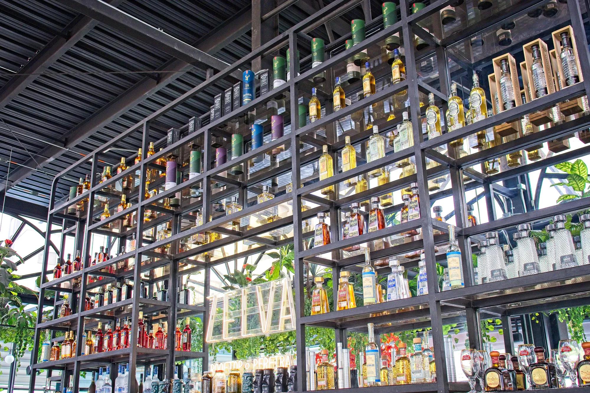 Alcohol on stand behind bar